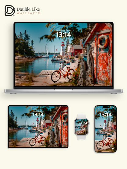 Coastal Harbor Lighthouse & Red Bicycle Aesthetic Wallpaper Pack [#JJ1329]