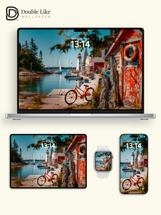 Coastal Harbor Lighthouse & Red Bicycle Aesthetic Wallpaper Pack [#JJ1329]