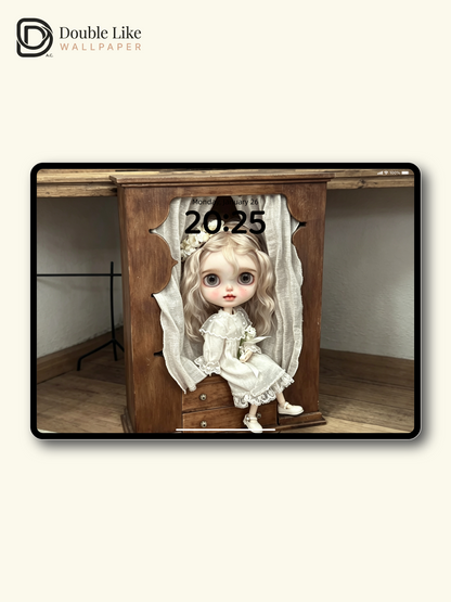 Healing Vintage Blythe Doll In Wooden Cabinet Aesthetic Wallpaper [#HWWs009]