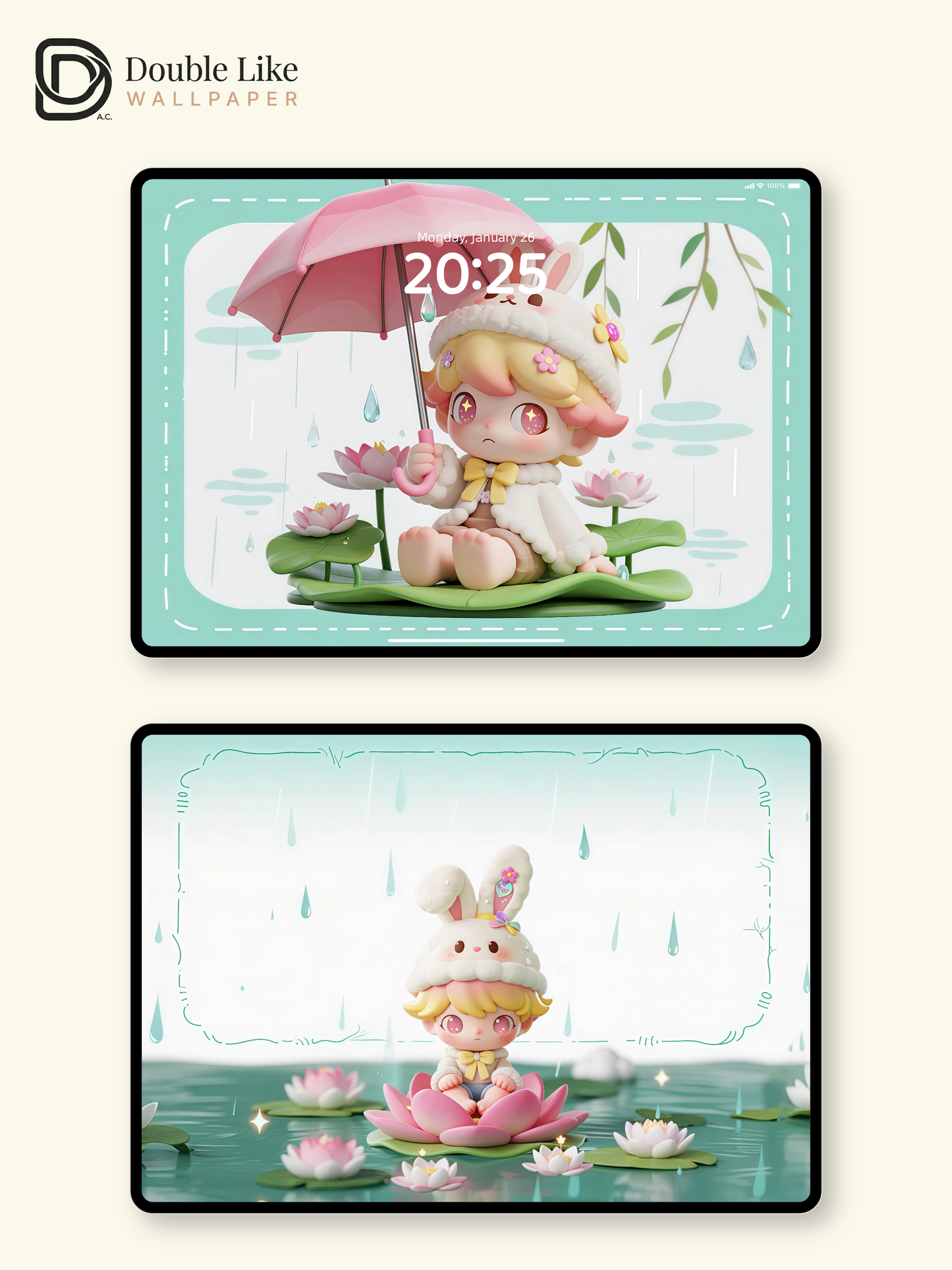 Rainy Lotus Bunny 🌧️ Cute Healing IP Wallpaper Set Phone & Tablet [#JJ190]
