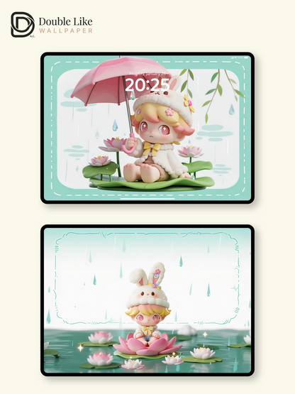 Rainy Lotus Bunny 🌧️ Cute Healing IP Wallpaper Set Phone & Tablet [#JJ190]