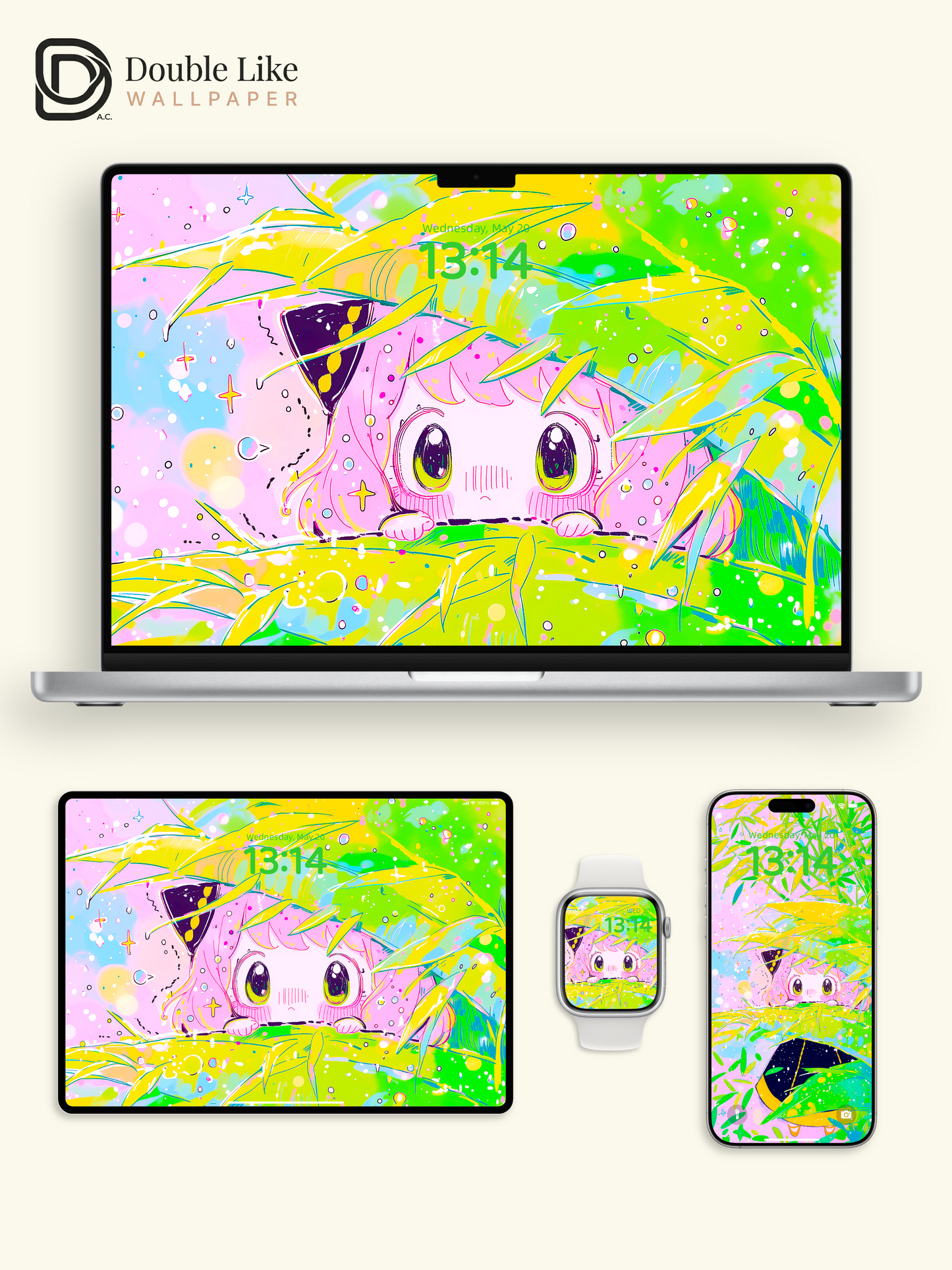 Kawaii Anime Anya Green Leaves Pastel Aesthetic Digital Wallpaper Pack [#HW1461]