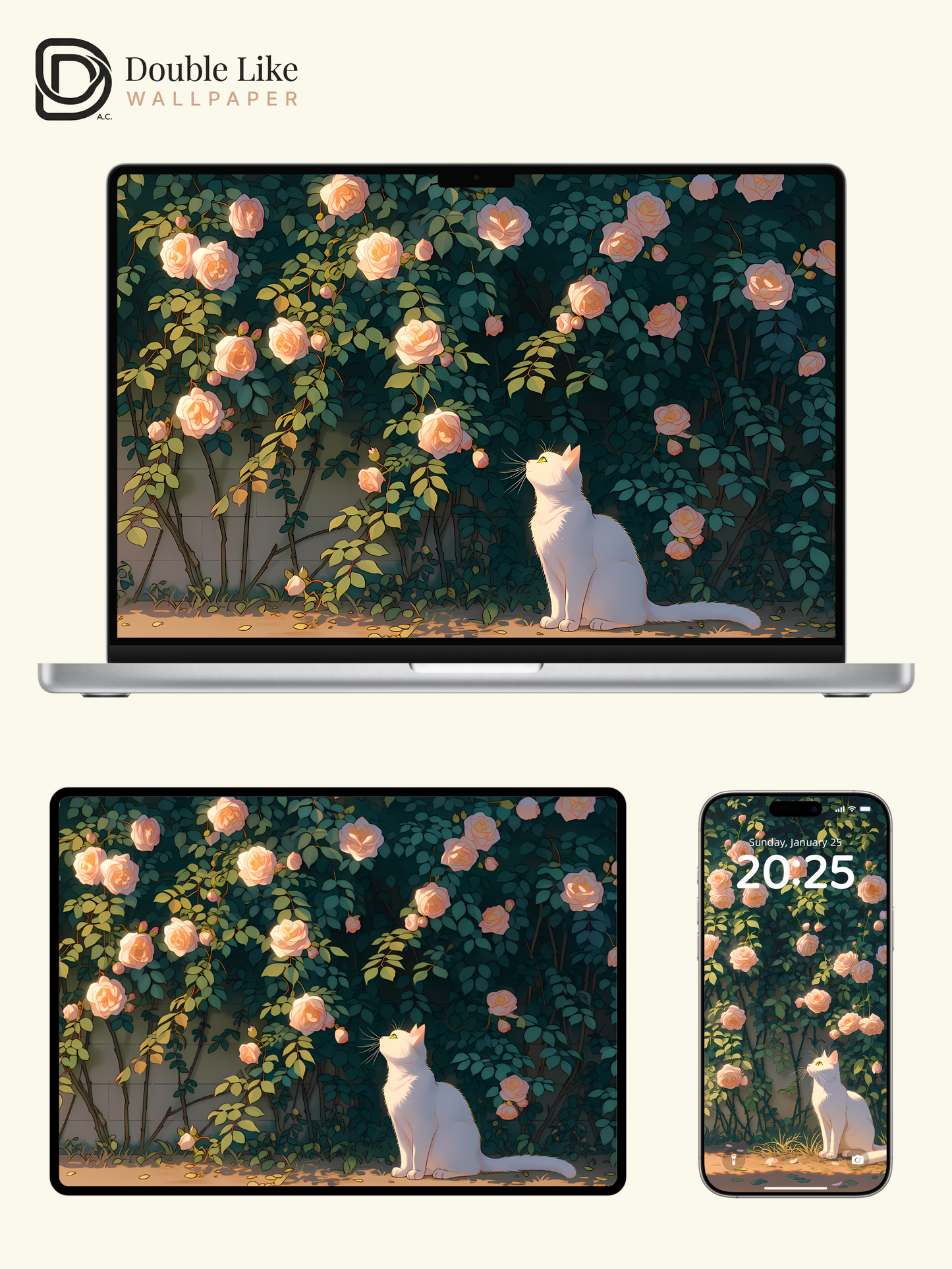 Aesthetic White Cat in Golden Rose Garden Anime Wallpaper Pack [#LFHL1063]