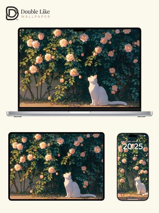 Aesthetic White Cat in Golden Rose Garden Anime Wallpaper Pack [#LFHL1063]