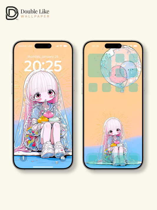 Kawaii Anime Girl Raincoat Dumpling Balloon Wallpaper [#HW1484]