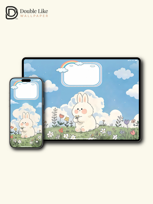 Cute Fluffy Bunny Rainbow Garden Illustration Wallpaper Pack [#JJ08]