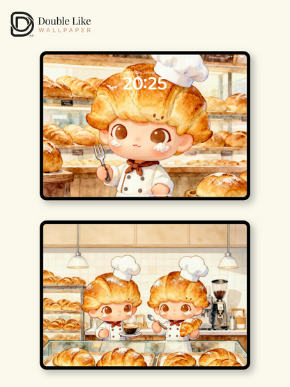 Cozy Croissant Bakery Wallpaper – Cute Croissant Kid IP Lock Screen Set [#JJ333]