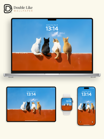 Four Cats Wall Sitting Blue Sky Minimalist Cute Aesthetic Wallpaper Pack [#ZMY540]