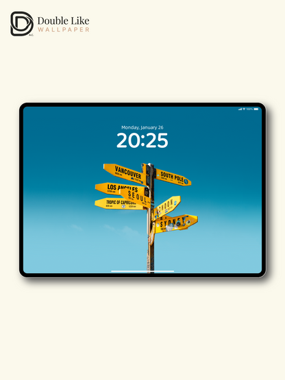Yellow Travel Signpost Clear Blue Sky Minimalist Aesthetic Wallpaper Pack [#ZMY538]