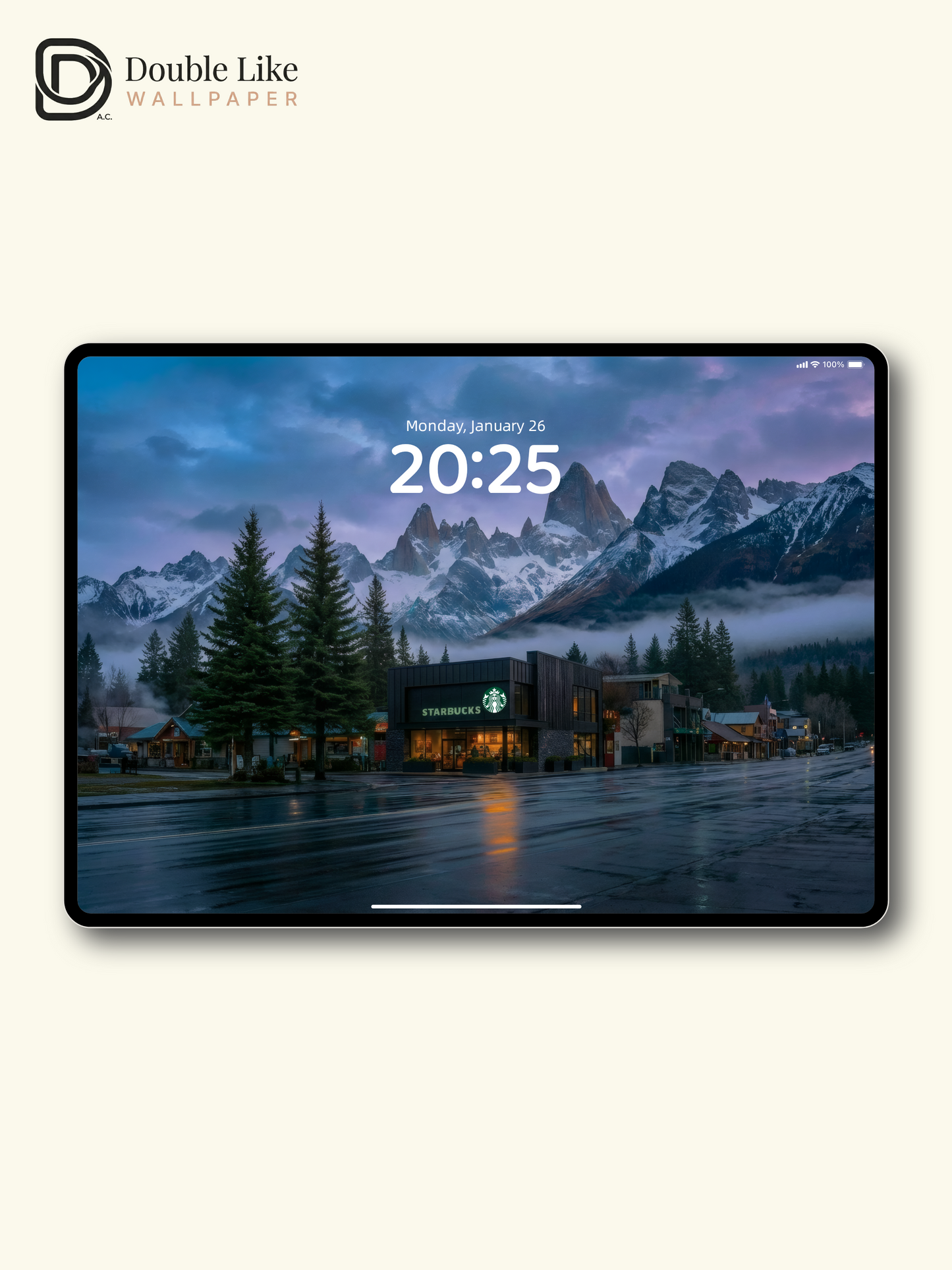 Snowy Mountain Town Starbucks Evening Landscape Wallpaper Pack [#ZJY2570]