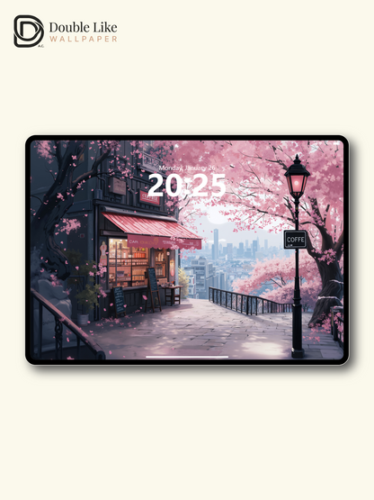 Spring Cherry Blossom Cafe City View Anime Romantic Aesthetic Wallpaper Pack [#WGF023]