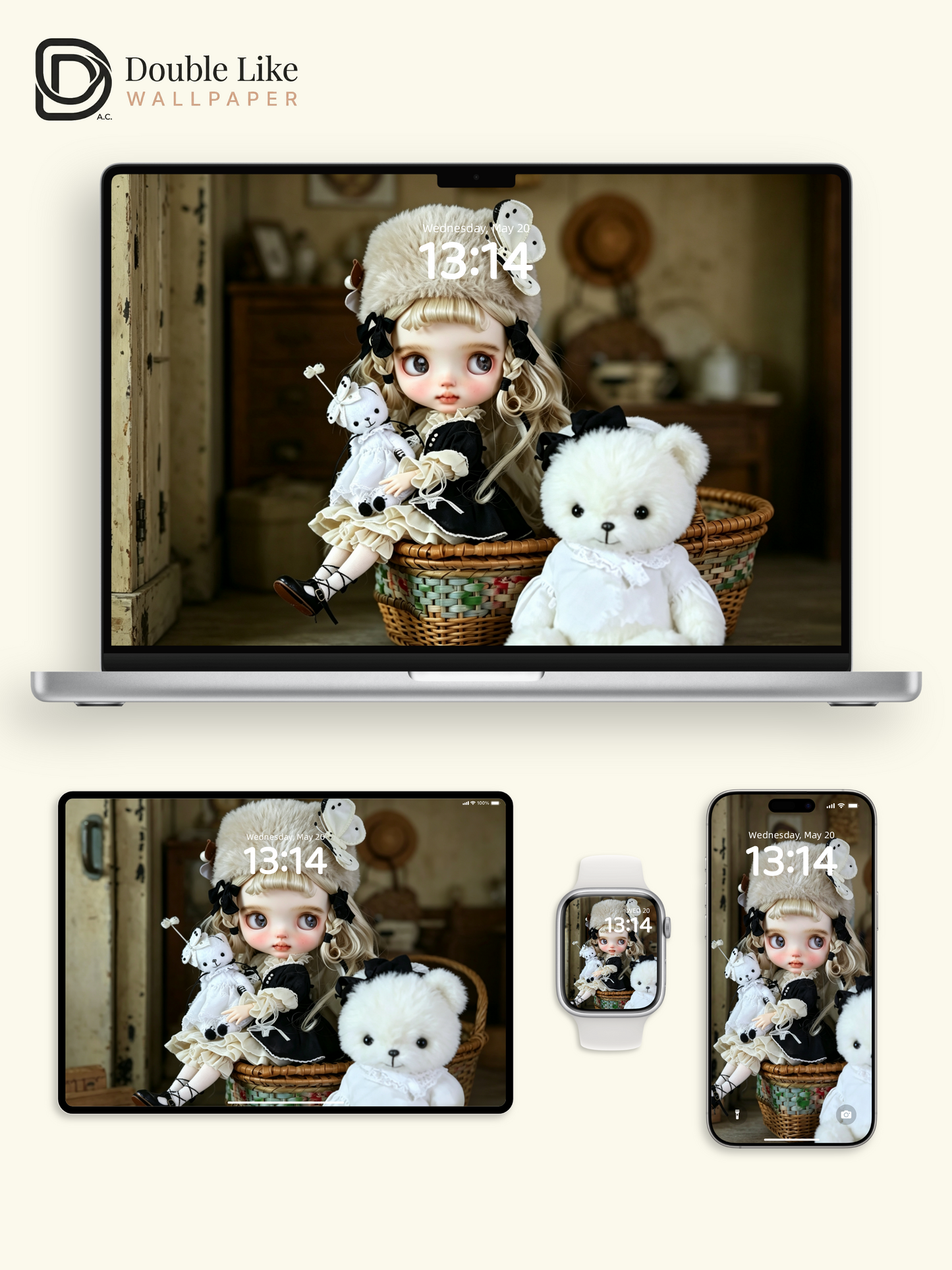 Healing Vintage Blythe Doll With Plush Hat & Teddy Bear Aesthetic Wallpaper [#HWWs010]