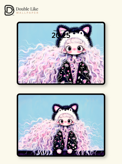 Kawaii Anime Girl Black Cat Beanie Pastel Wallpaper Pack [#HW1481]