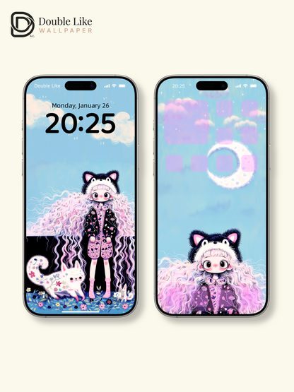 Kawaii Anime Girl Black Cat Beanie Pastel Wallpaper Pack [#HW1481]