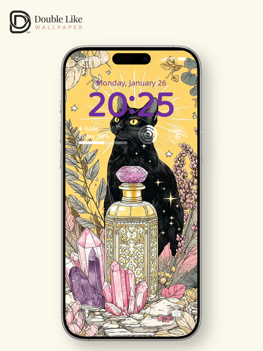 Cat Wallpaper | "Guardian Spirit Cat", original high‑definition wallpaper featuring a black cat & perfume bottle [#HWWx011]