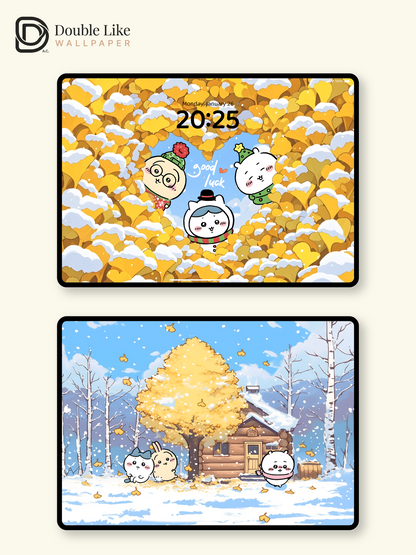 Ginkgo Snow & Good Luck – Cute Animal Winter Wallpaper Set  [#CKW316]