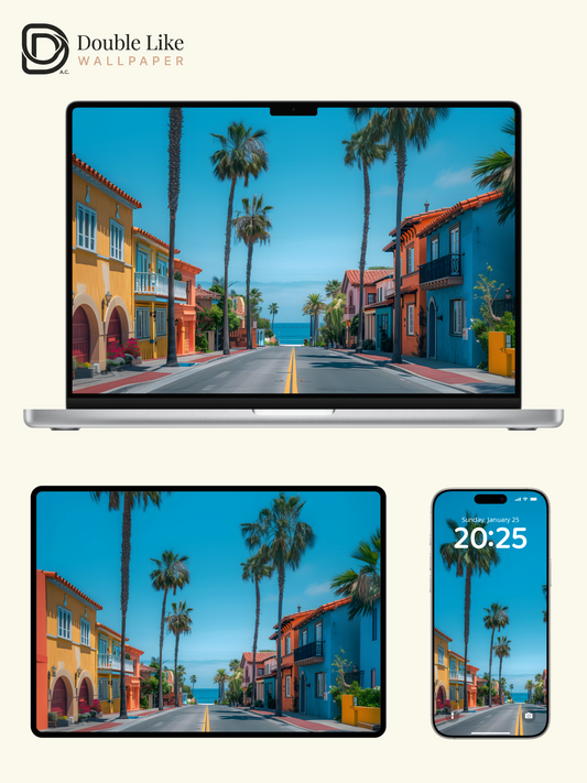 Sunny Coastal Street Palm Trees Summer Travel Lock Screen Wallpaper Pack [#ZJYX0164]