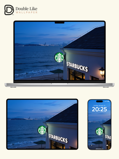 Seaside Starbucks Coffee & Evening Blue Ocean View Aesthetic Wallpaper Pack [#JJ230904]