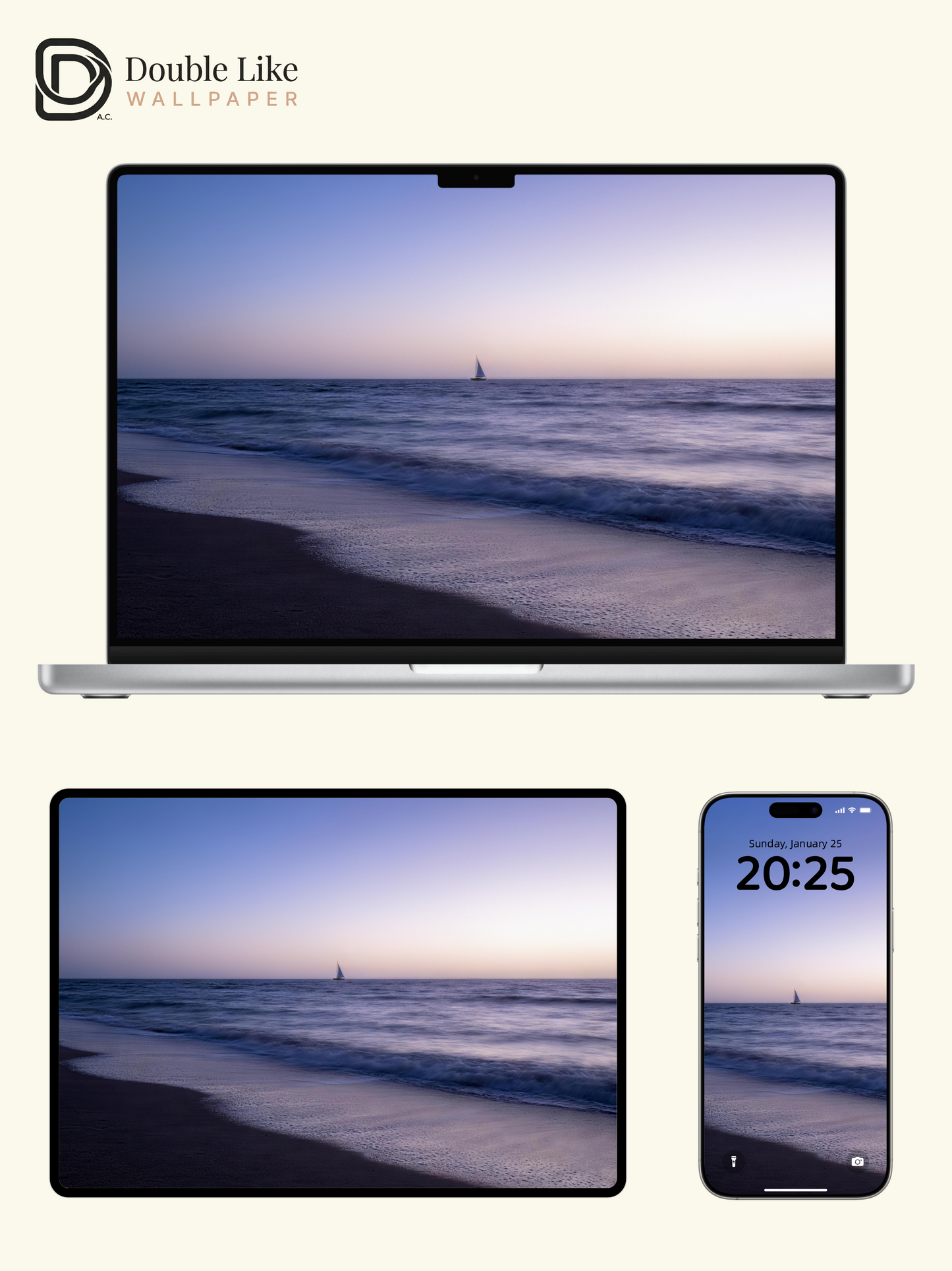 Purple Dusk Lonely Sailboat Beach Calming Landscape Wallpaper Pack [#LFHL30503]
