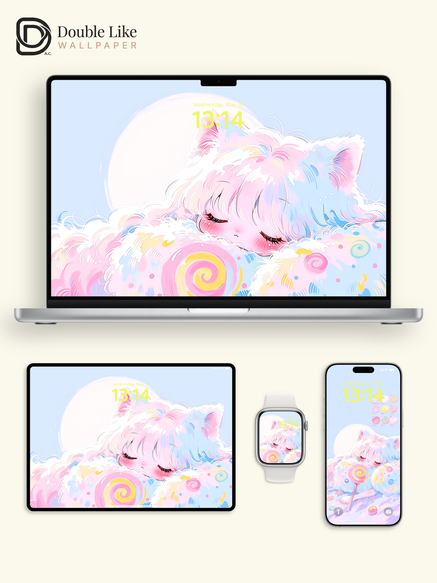 Cute Sleeping Pastel Cat Girl Candy Cloud Kawaii Aesthetic Wallpaper Pack [#HW1500]