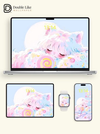 Cute Sleeping Pastel Cat Girl Candy Cloud Kawaii Aesthetic Wallpaper Pack [#HW1500]