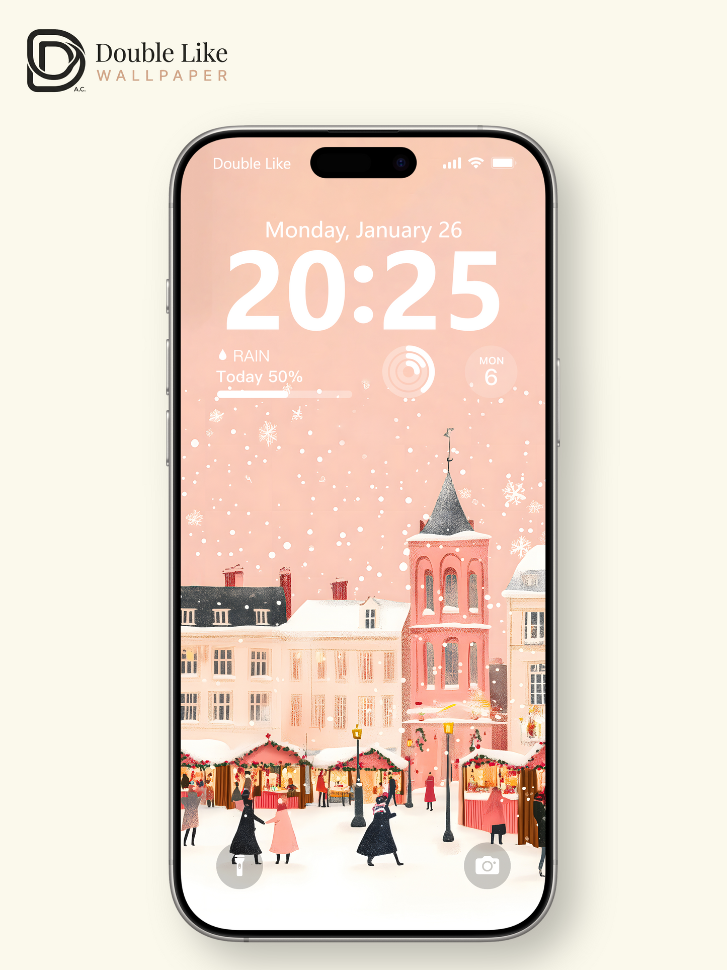 Pink Christmas Village Market Snow Illustration Aesthetic Wallpaper Pack [#WGF071]