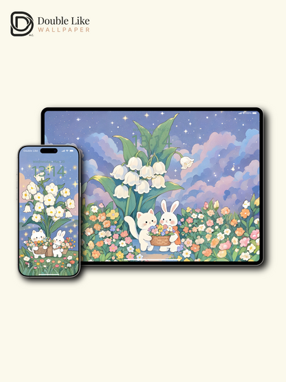 Cute Cat and Bunny Pastel Starry Garden Illustration Wallpaper Pack [#JJ05]