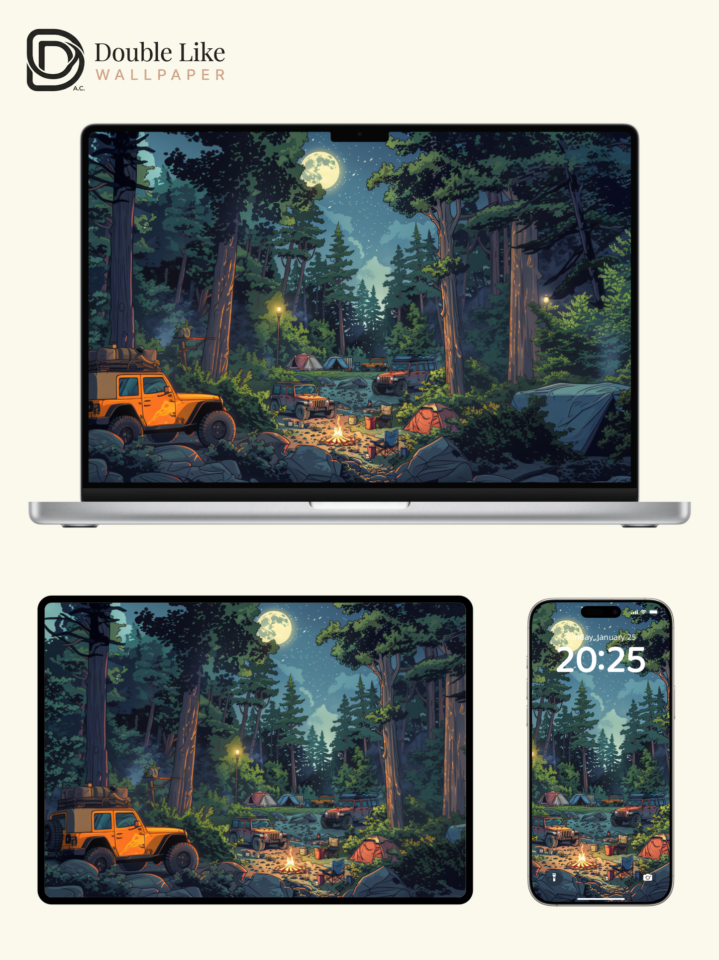 Night Forest Campfire: Moonlight Camping Aesthetic Wallpaper Pack [#JJ1018]