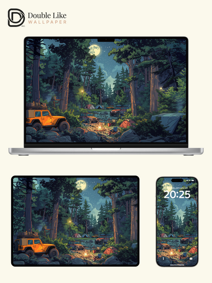 Night Forest Campfire: Moonlight Camping Aesthetic Wallpaper Pack [#JJ1018]