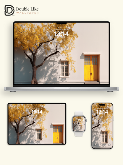 Autumn Ginkgo Tree Yellow Door Window Shadow Cozy Aesthetic Wallpaper Pack [#JJ1221]