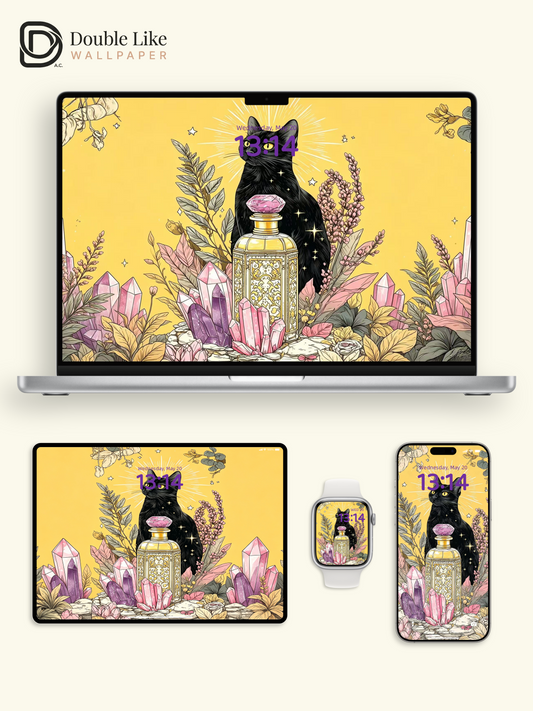 Cat Wallpaper | "Guardian Spirit Cat", original high‑definition wallpaper featuring a black cat & perfume bottle [#HWWx011]