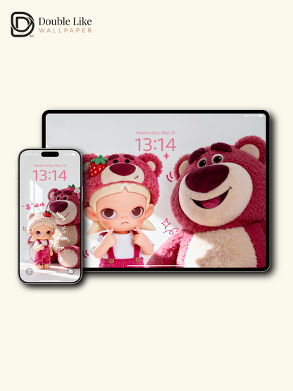 Strawberry Bear Happy Mood Wallpaper – Cute Lotso IP Figure Lock Screen Set [#JJ240]