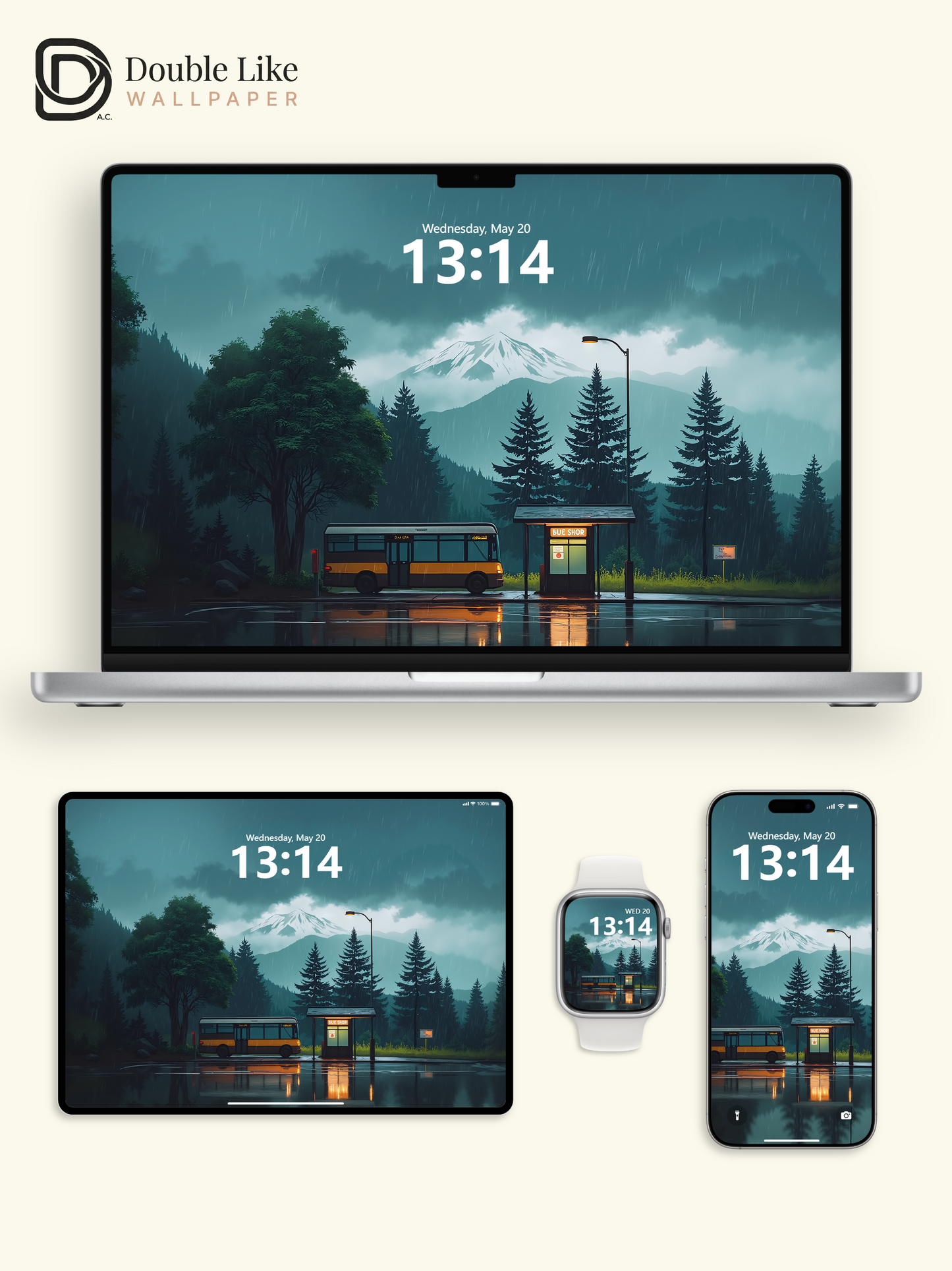 Rainy Mountain Bus Stop Moody Cinematic Digital Art Wallpaper Pack [#WGF019]