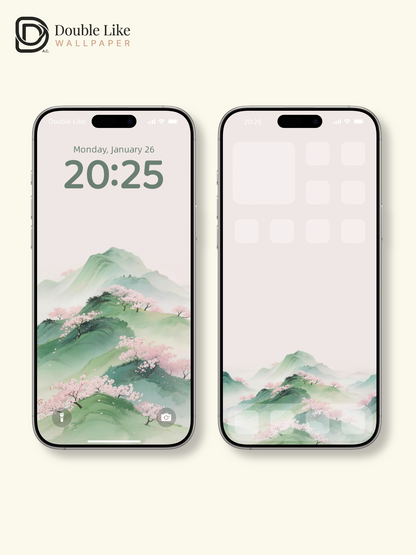 Green Mist Spring Mountains With Pink Peach Blossoms Calm Romantic Chinese Landscape Wallpaper Pack [#LFHL30421]