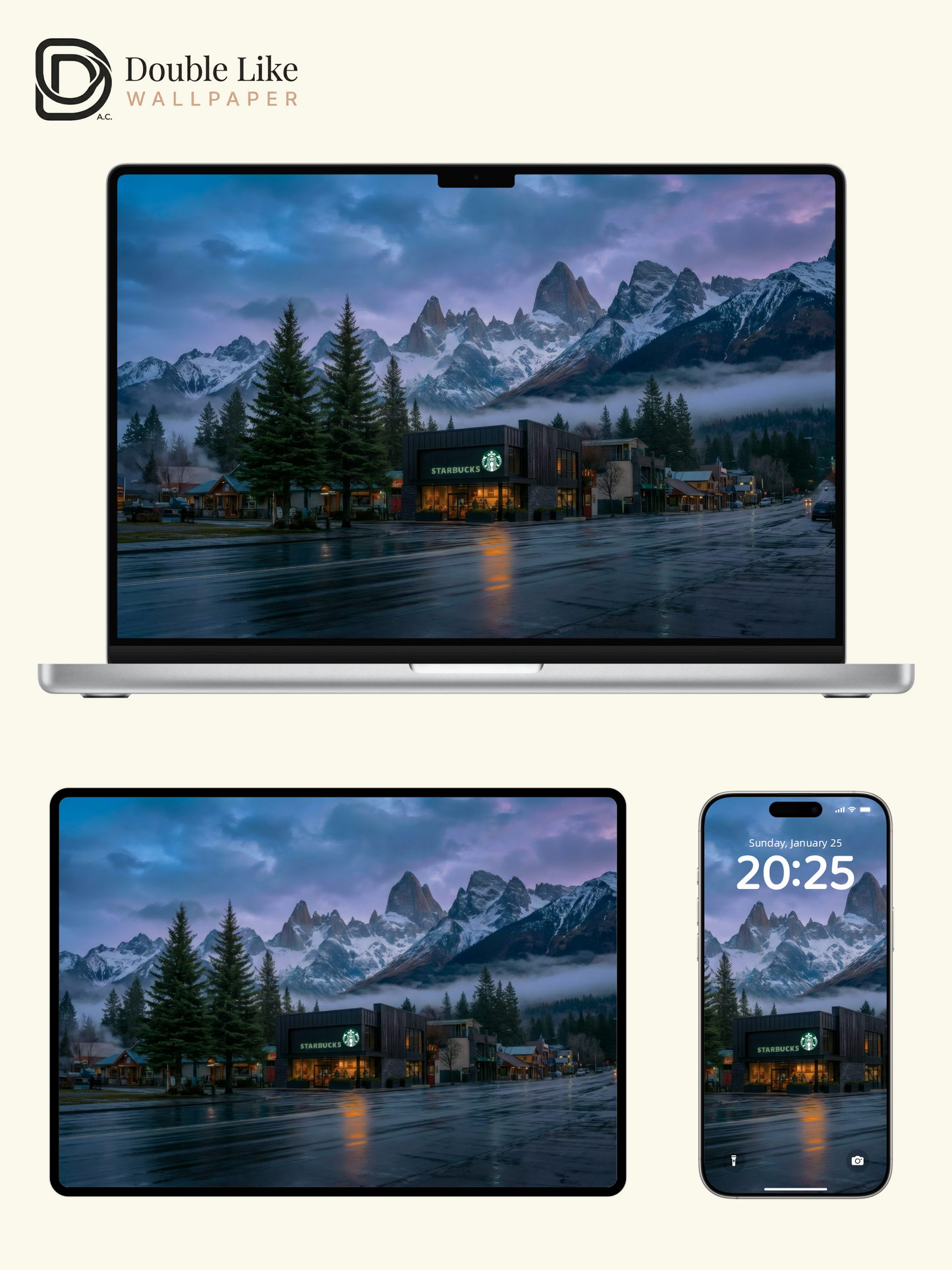 Snowy Mountain Town Starbucks Evening Landscape Wallpaper Pack [#ZJY2570]