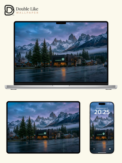 Snowy Mountain Town Starbucks Evening Landscape Wallpaper Pack [#ZJY2570]