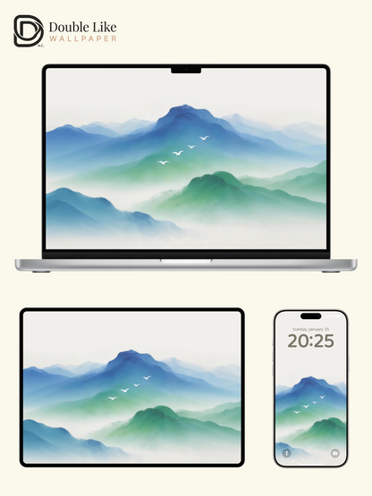 Blue Mist Mountain & Flying Birds Calming Minimal Chinese Landscape Wallpaper Pack [#LFHL30417]