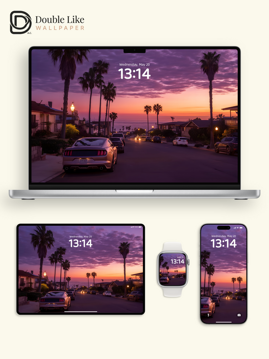 Purple Sunset Coastal Town Palm Trees Landscape Wallpaper Pack [#ZJYX0702]