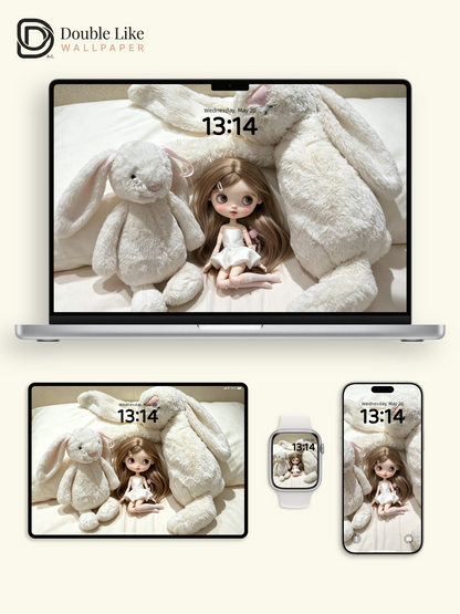 Calm Bedroom Blythe Doll White Dress Fluffy Rabbit Healing Aesthetic Wallpaper [#HWWs015]