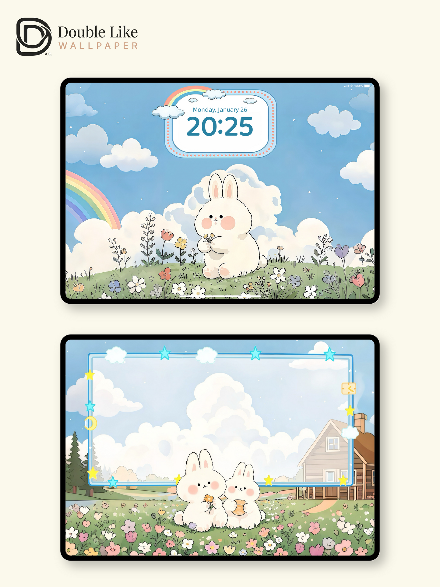 Cute Fluffy Bunny Rainbow Garden Illustration Wallpaper Pack [#JJ08]