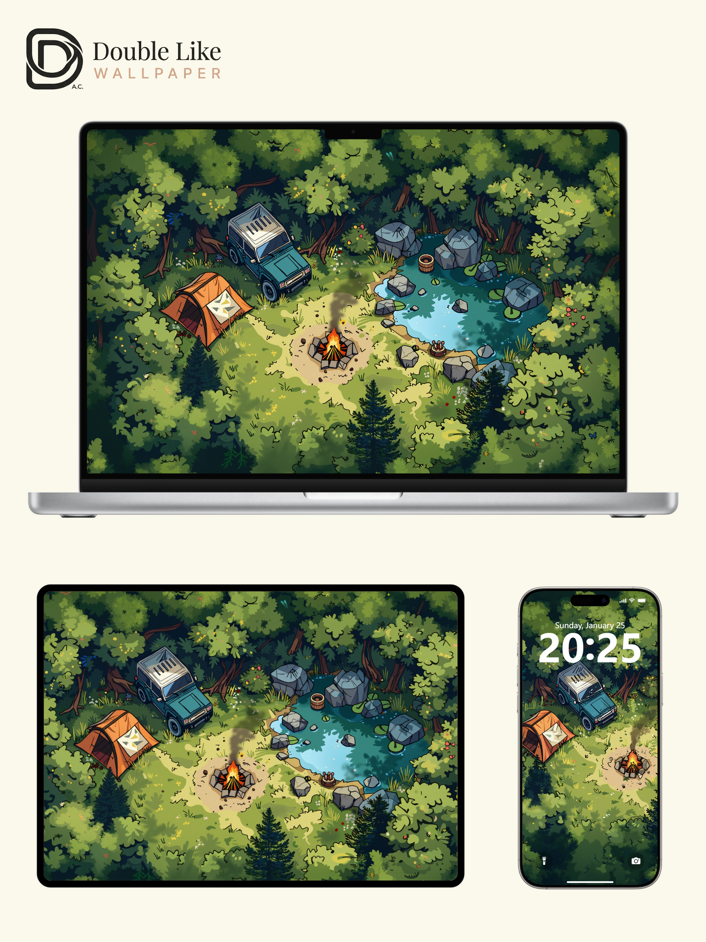 Forest Camping Lake Cute Cozy Illustration Aesthetic Wallpaper Pack [#WGF018]
