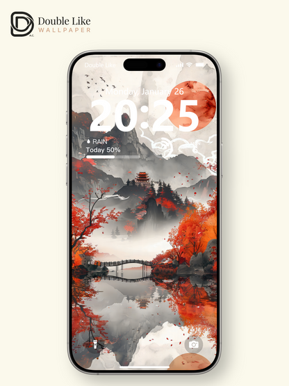 Autumn Red Maple Chinese Ink Mountain Lake Aesthetic Wallpaper Pack [#WGF013]