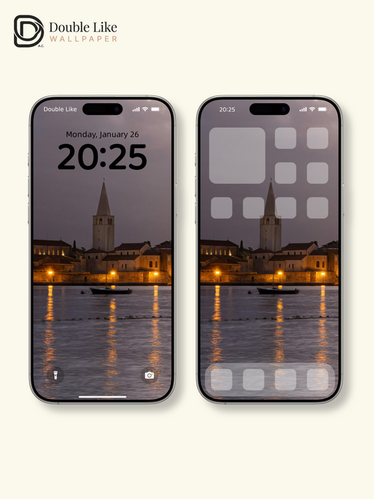 Coastal European Old Town Bell Tower Dusk Water Reflections Aesthetic Wallpaper Pack [#ZMY399]