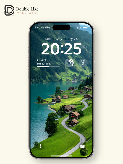 Swiss Alpine Lake & Green Hills Village Aesthetic Wallpaper Pack [#JJ1390]