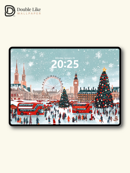 Christmas London Snow Street Illustration Aesthetic Wallpaper Pack [#WGF064]