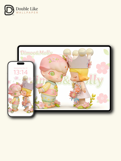 Spring Flower Kiss Couple 💕 Cute Romantic Phone & Tablet Wallpaper Set [#JJ353]