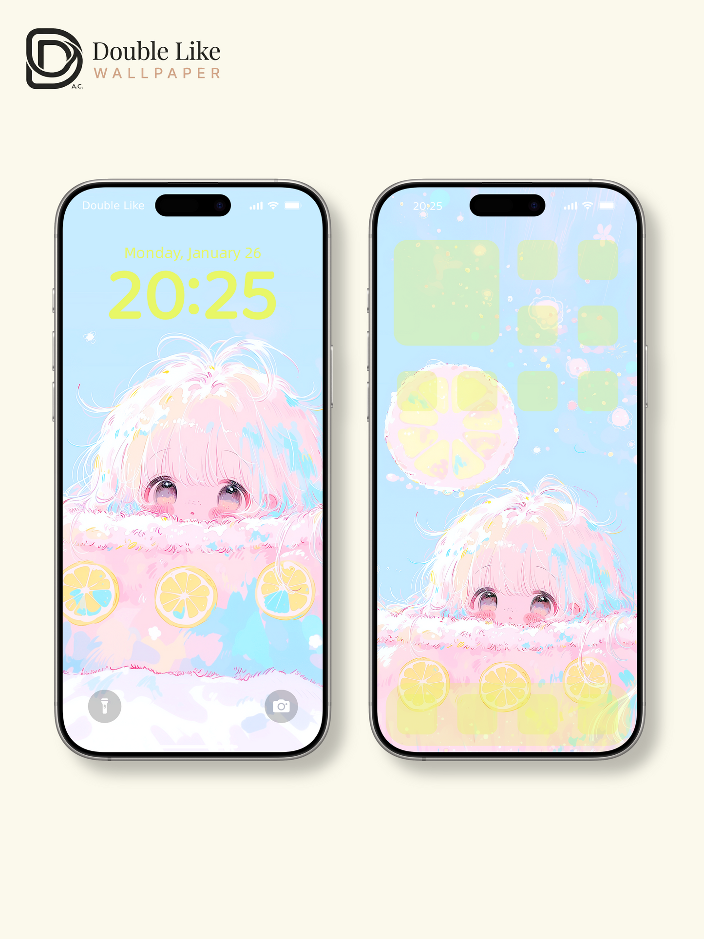 Cute Pastel Lemon Girl Peeking Cream Cake Kawaii Aesthetic Wallpaper Pack [#HW1501]