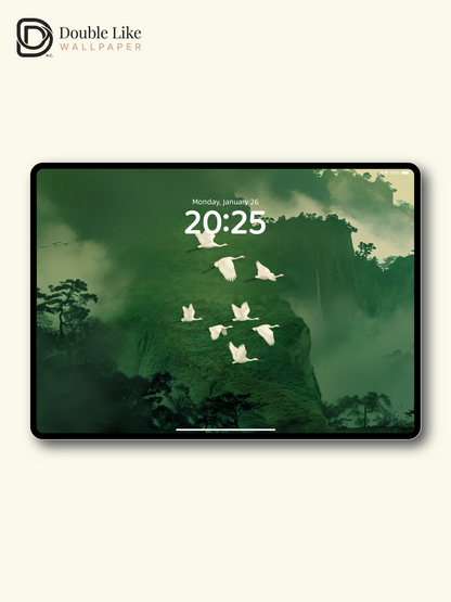 Mystic Green Mountain Flying Herons Aesthetic Wallpaper Pack [#JJ1216]