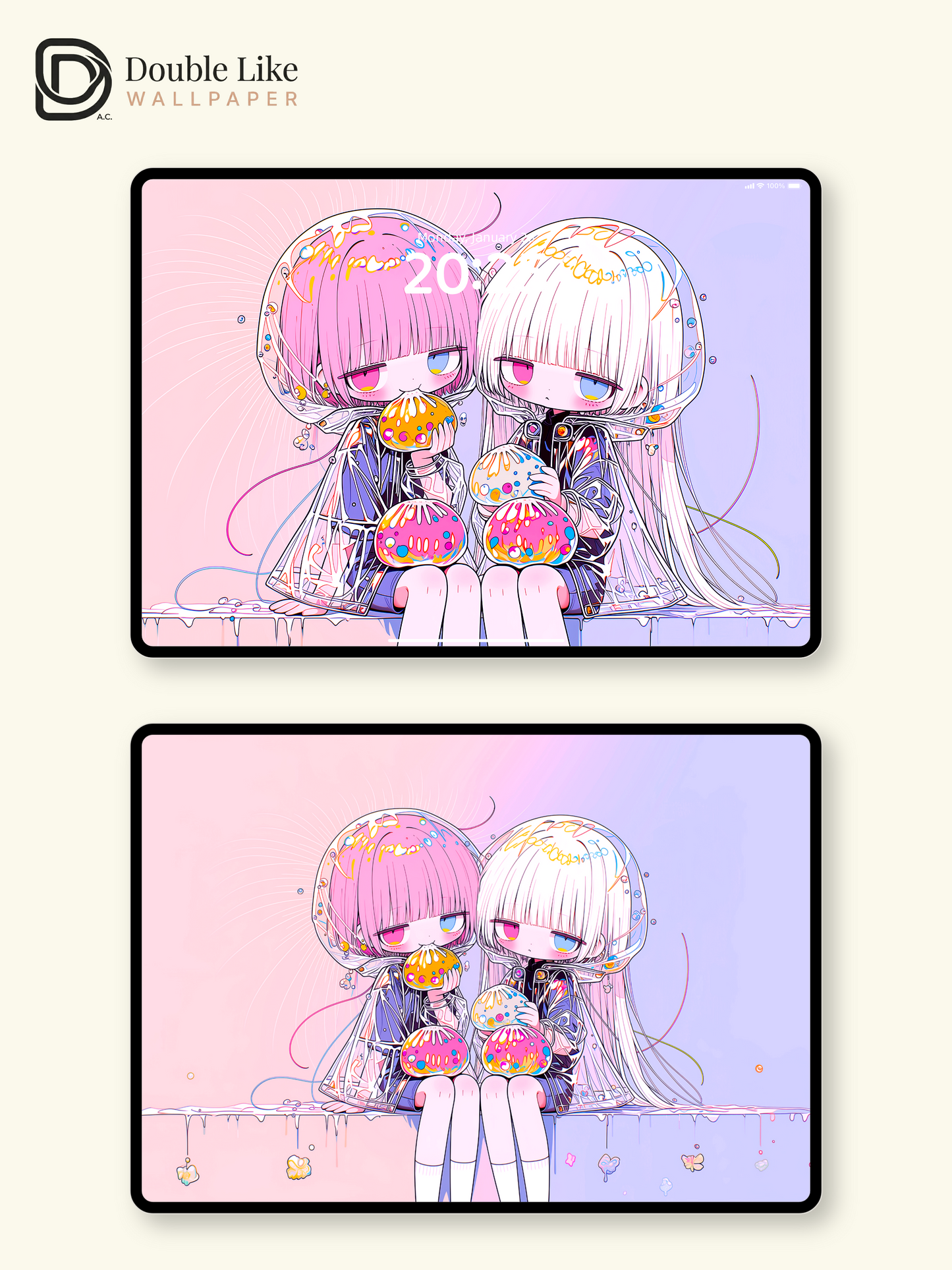 Cute Pastel Anime Twin Girls Jelly Aesthetic Wallpaper [#HW1485]