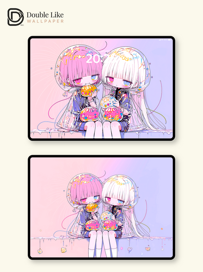 Cute Pastel Anime Twin Girls Jelly Aesthetic Wallpaper [#HW1485]